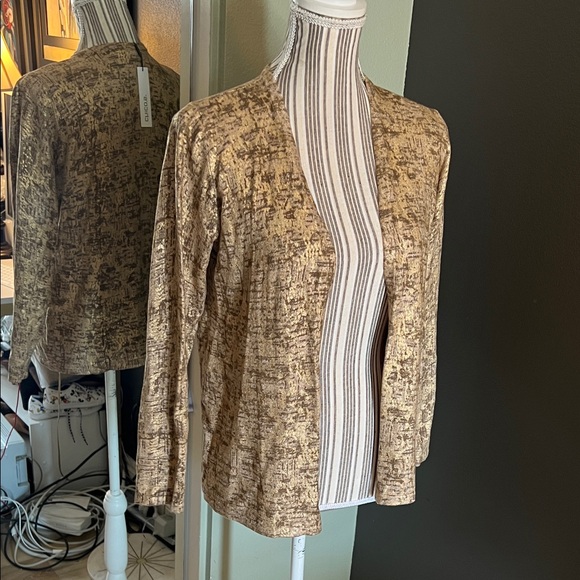 NWT. Chico's, size Small, Foil Print Cardigan Textured Brown Lightweight Sweater - Picture 5 of 7